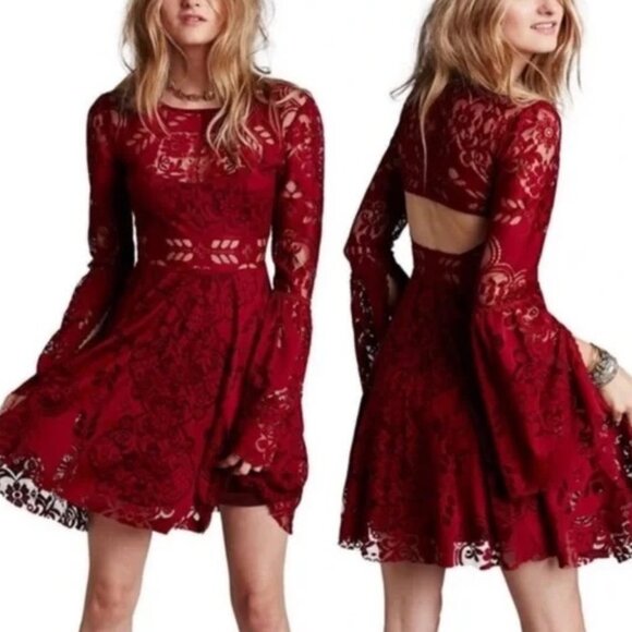 Free People Rich Red Lace Lovers Folk Song Dress Bell Sleeve Cut Out Boho Mini 2 - Picture 1 of 9